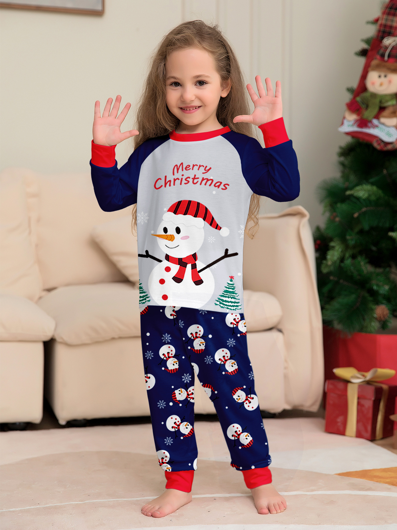Navy‑Gray Raglan Snowman Family Matching Pajamas