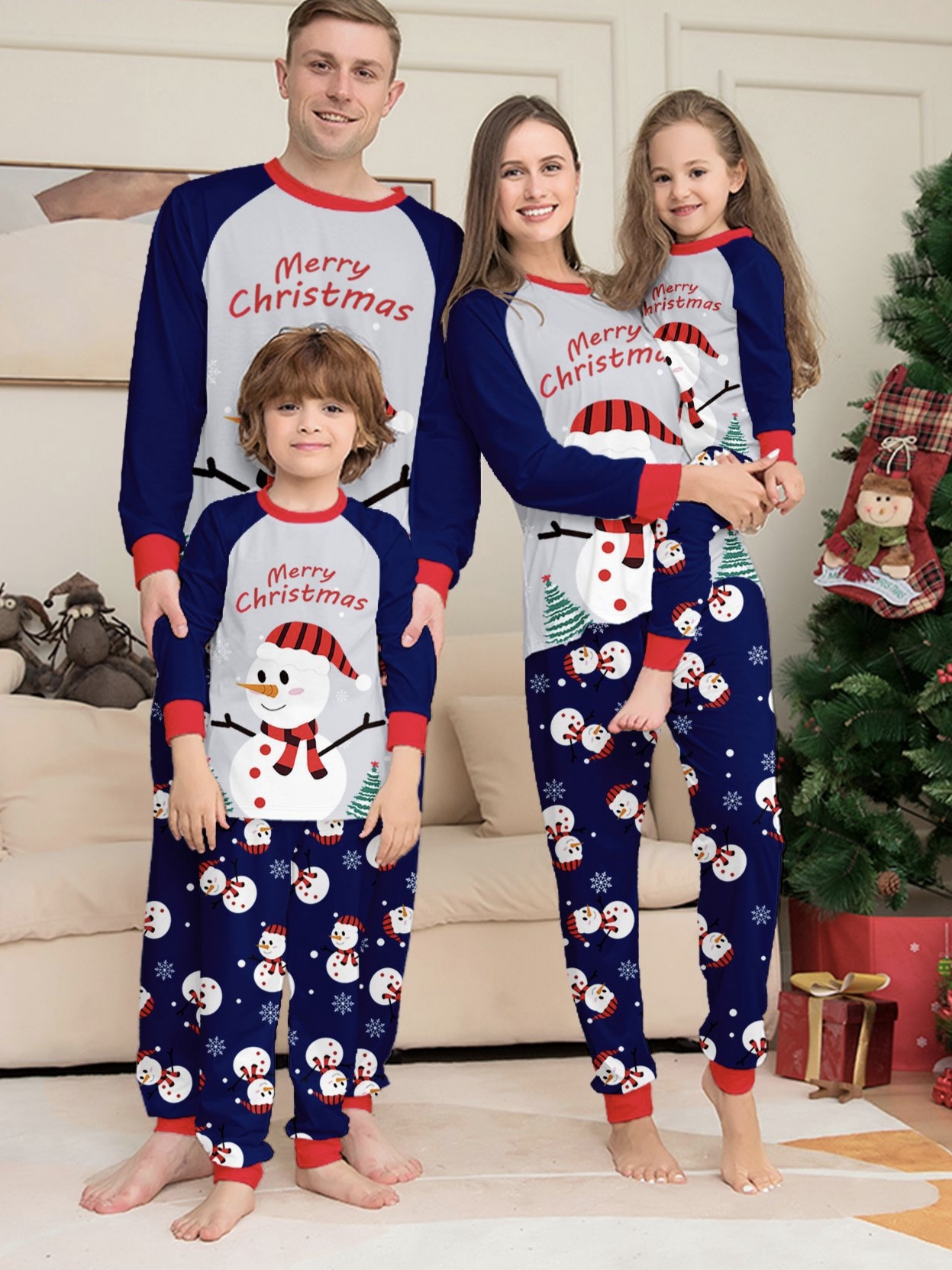Navy‑Gray Raglan Snowman Family Matching Pajamas