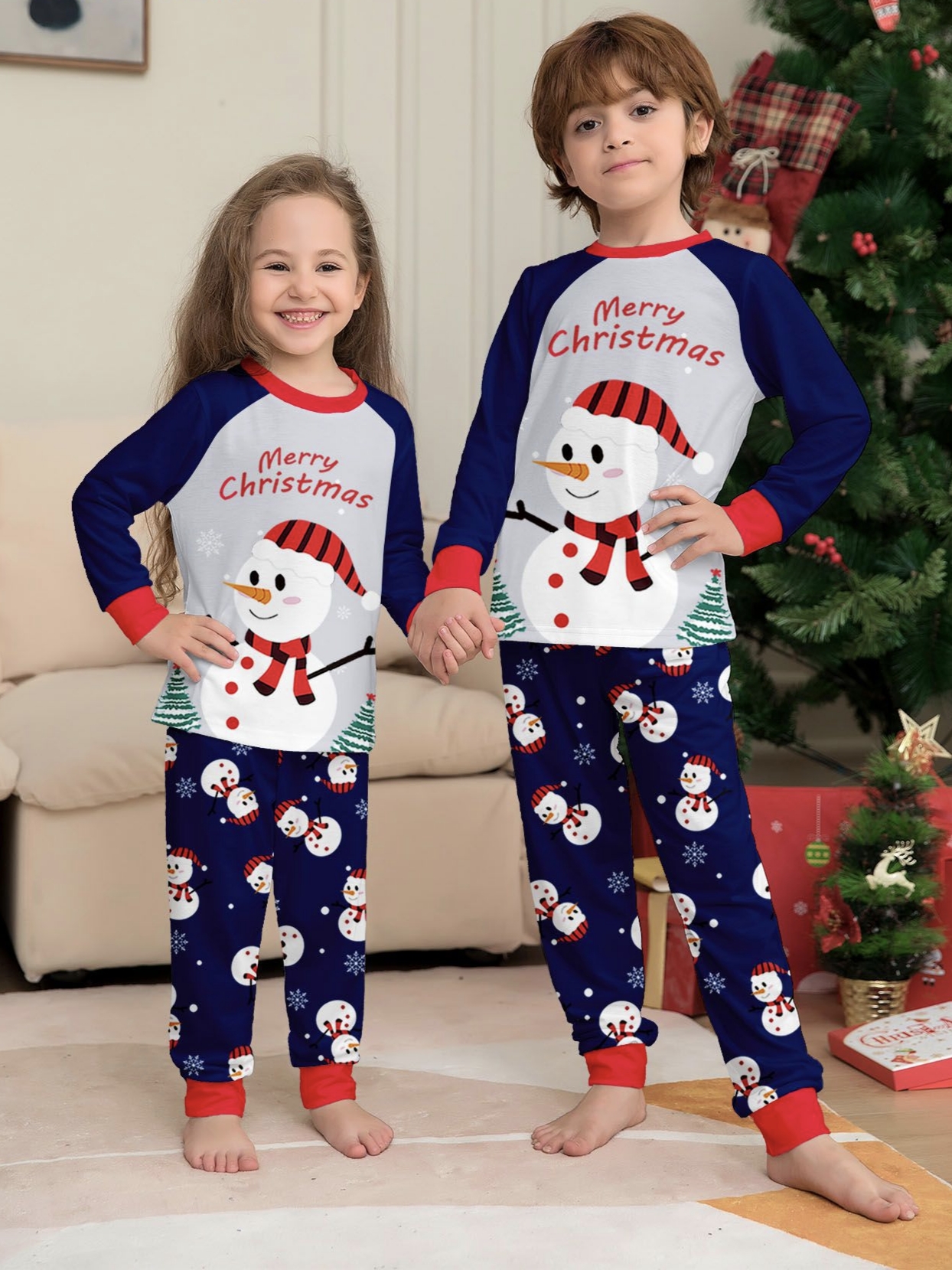 Navy‑Gray Raglan Snowman Family Matching Pajamas