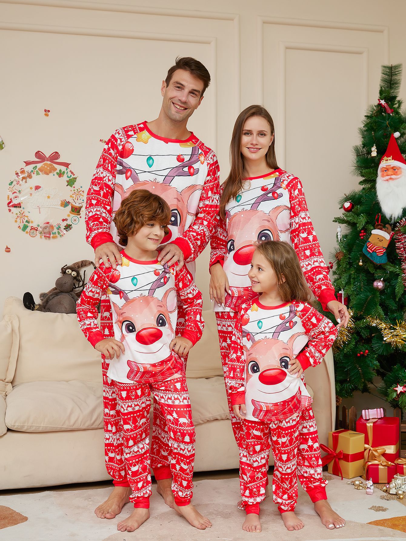 Red‑White Nordic Reindeer Fairy Light Family Matching Pajamas