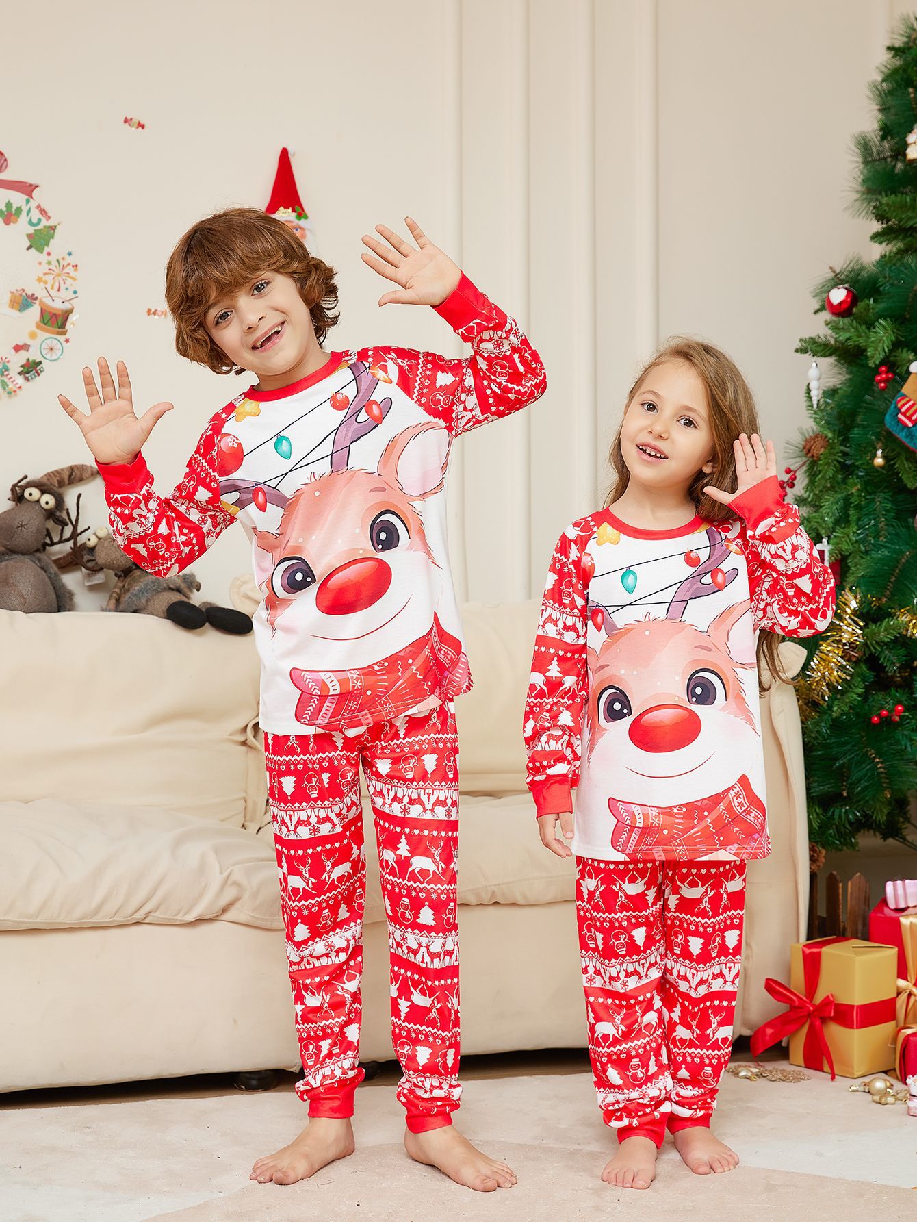 Red‑White Nordic Reindeer Fairy Light Family Matching Pajamas