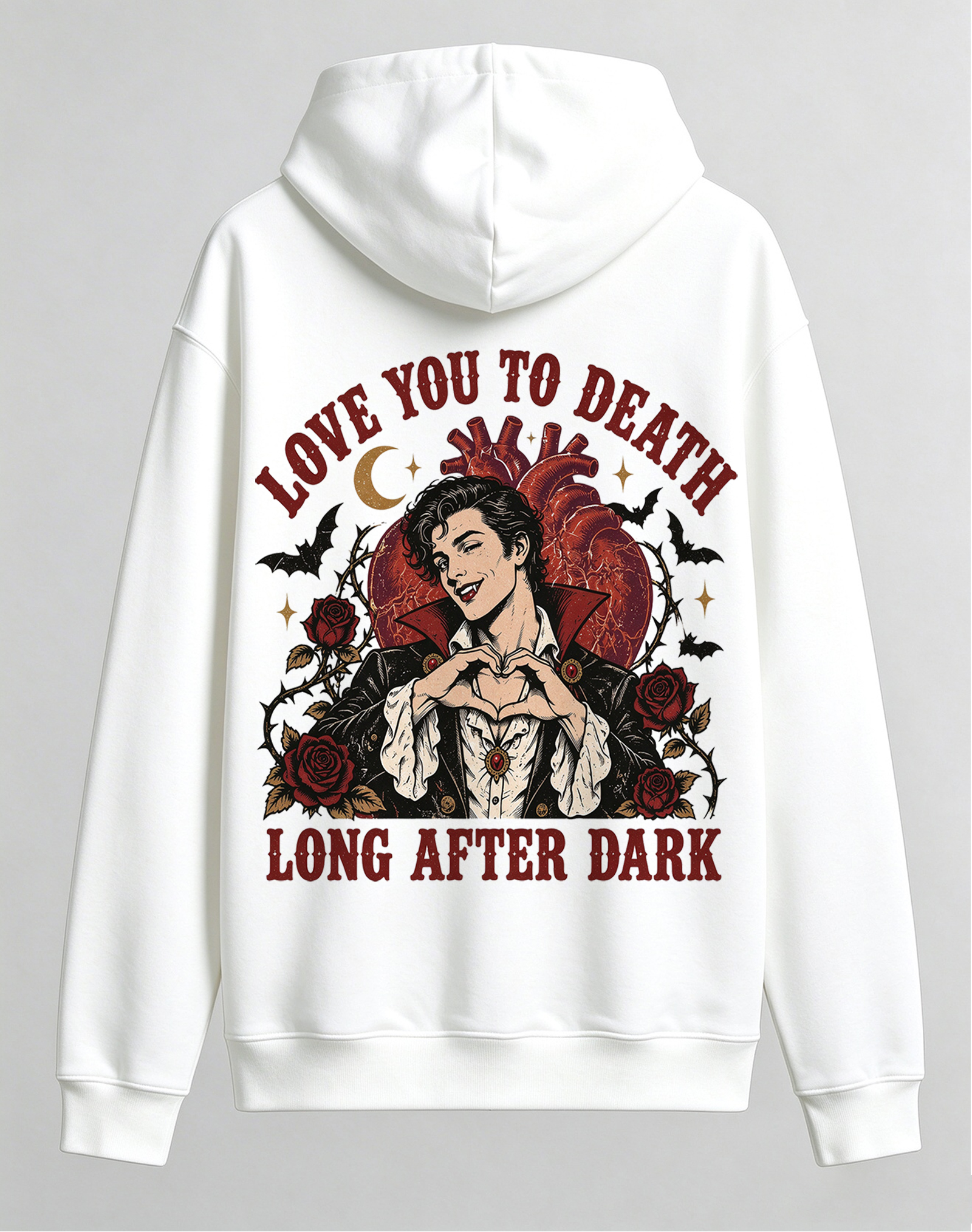 Retro Gothic Vampire Hoodie, Love You To Death Dark Romance Halloween Back Print Hooded Sweatshirt
