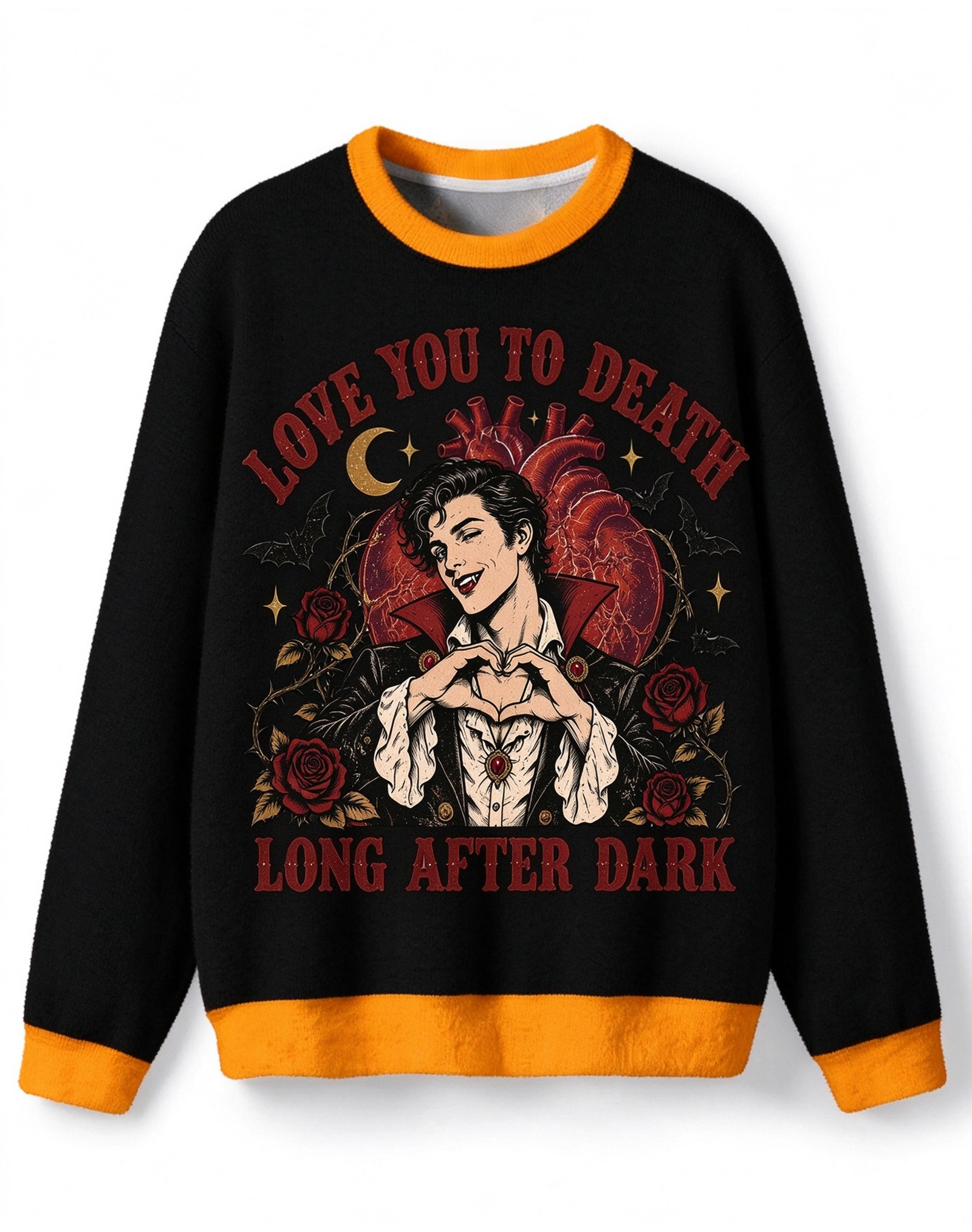 Vampire Love You To Death Crewneck Sweater, Gothic Halloween Knit Pullover, Retro Vampire Heart Hand Rose Bat Graphic Contrast Orange Cuff Sweater