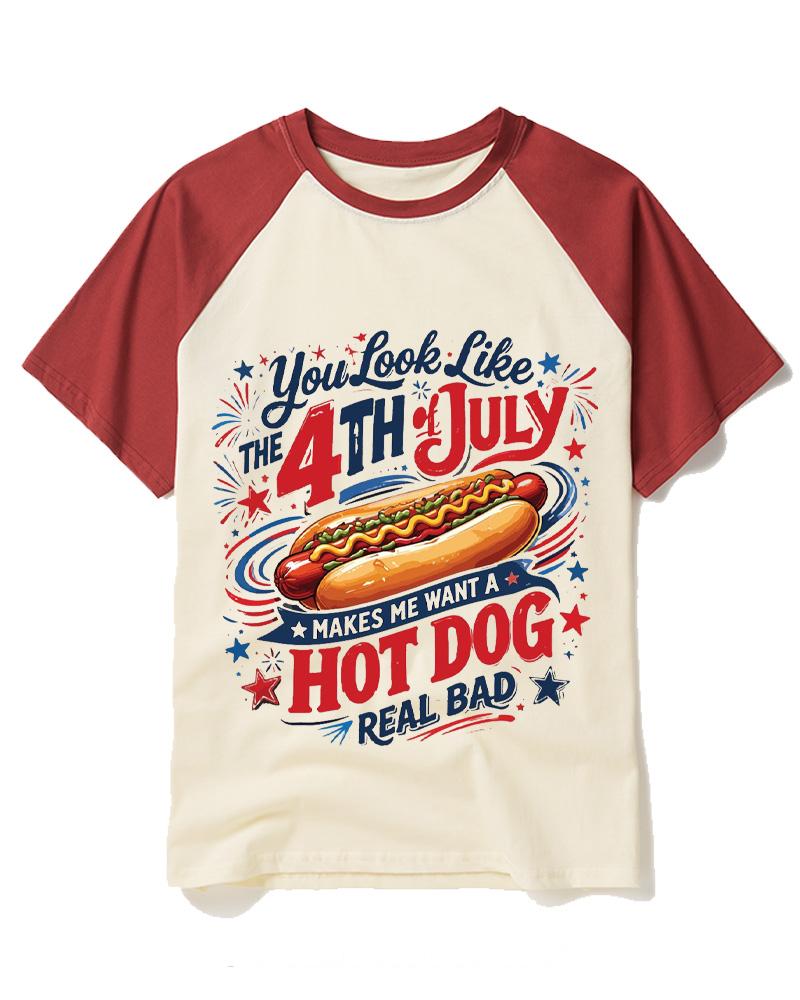 Fourth Of July Shirt Hot Dog 1990s Raglan Baseball T-Shirt image 1