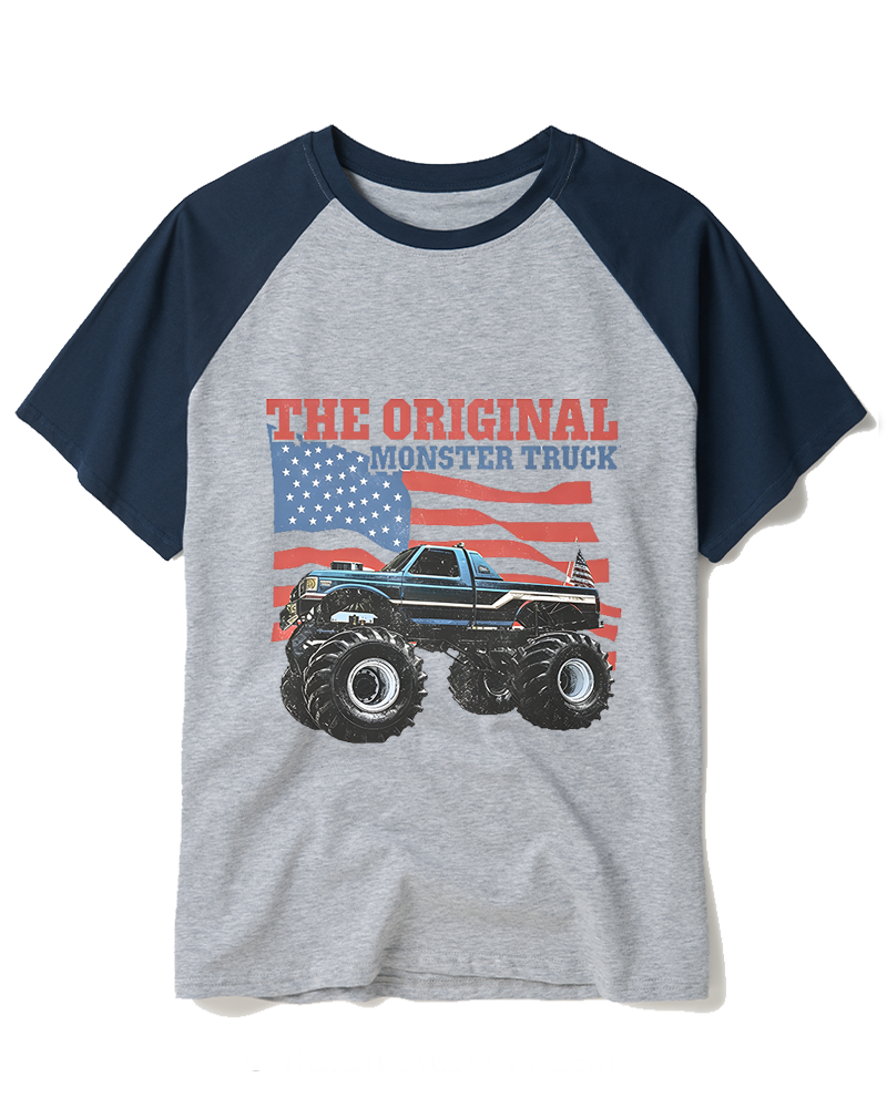 Monster Truck Flag Bigfoot 1970s Raglan Baseball T-Shirt image 1