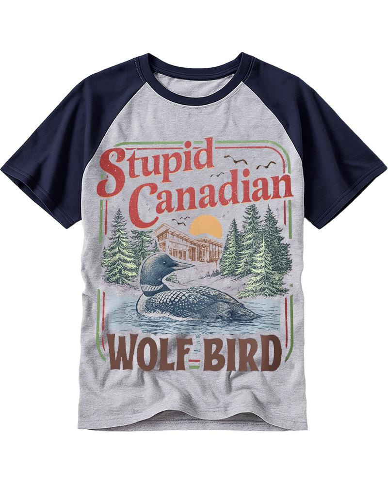 Stupid Canadian Wolf Bird 1980s Raglan Baseball T-Shirt image 1