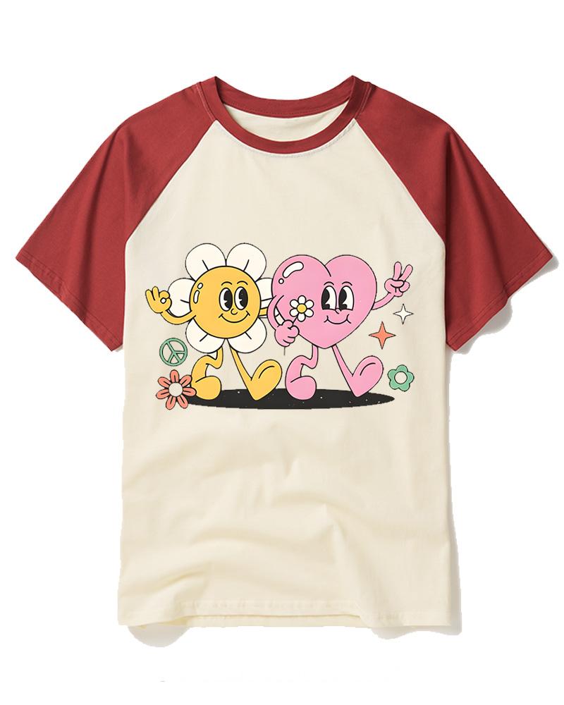 Flower And Heart Best Friends 1970s Raglan Baseball T-Shirt image 1