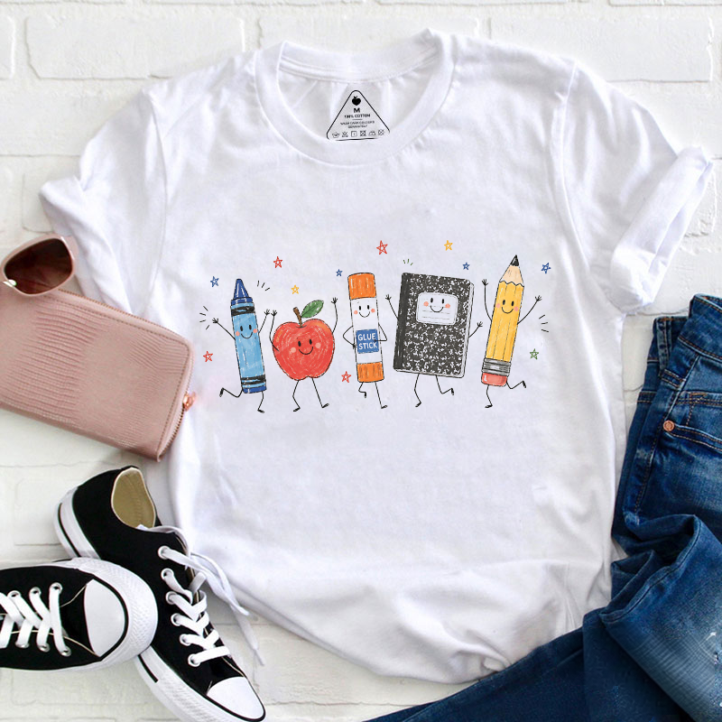 Cute Anthropomorphic School Supplies Teacher T-Shirt image 1