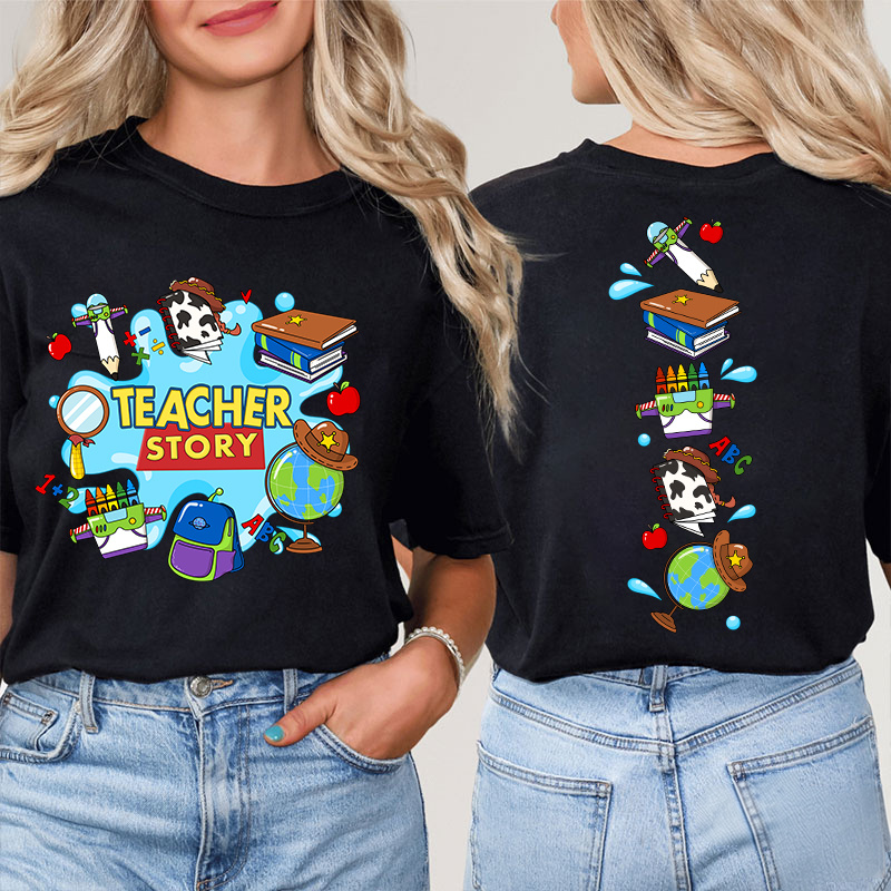 Teacher Story Cute School Stuff Icons Teacher Two Sided T-Shirt image 1