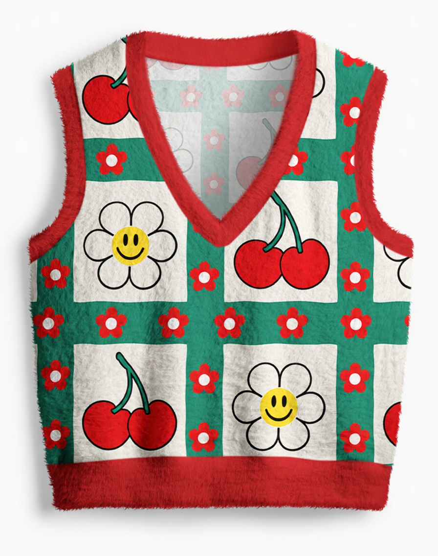 Vintage 1970s Teal Cherry Daisy Patchwork V-Neck Sweater Vest image 1