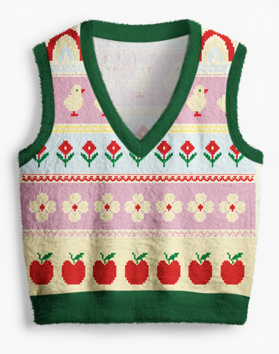 Vintage 1970s Pastel Farm Garden Fair Isle V-Neck Sweater Vest image 1