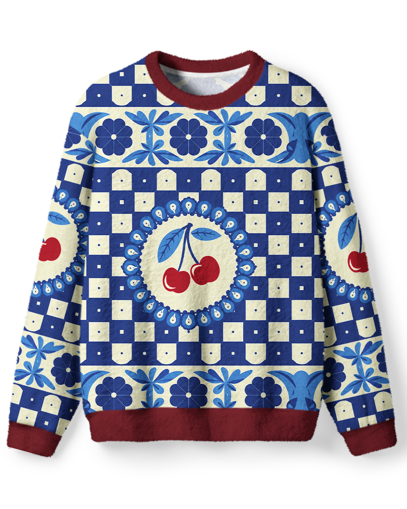 Vintage 1970s Delft Blue Cherry Folk Tile Sweater image 1