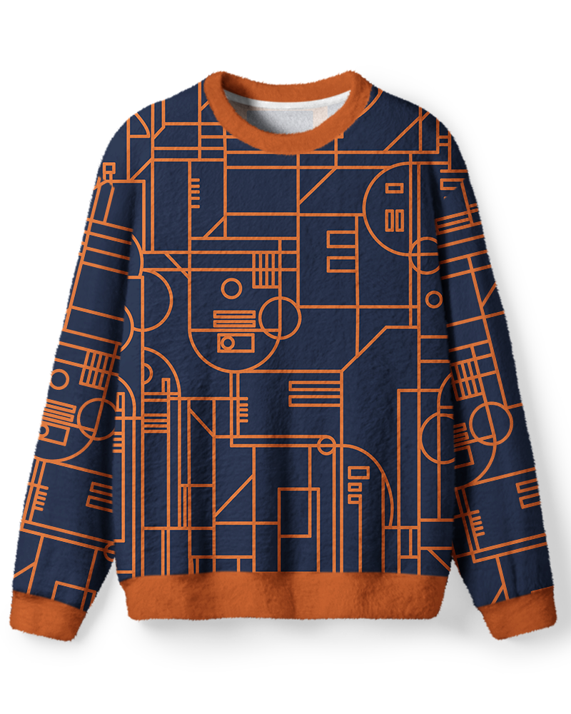 Vintage 1970s Navy Orange Geometric Line Screen-Inspired Sweater image 1