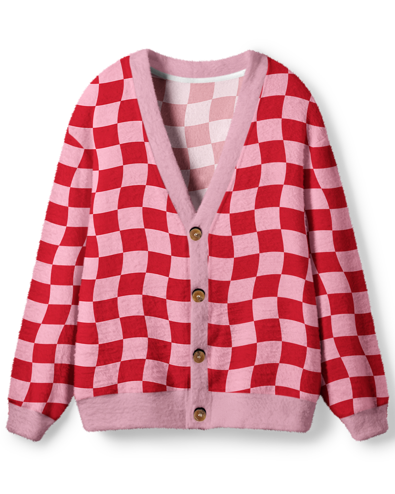 Vintage 1970s Wavy Pink Checkerboard Unisex Cardigan Sweater image 1