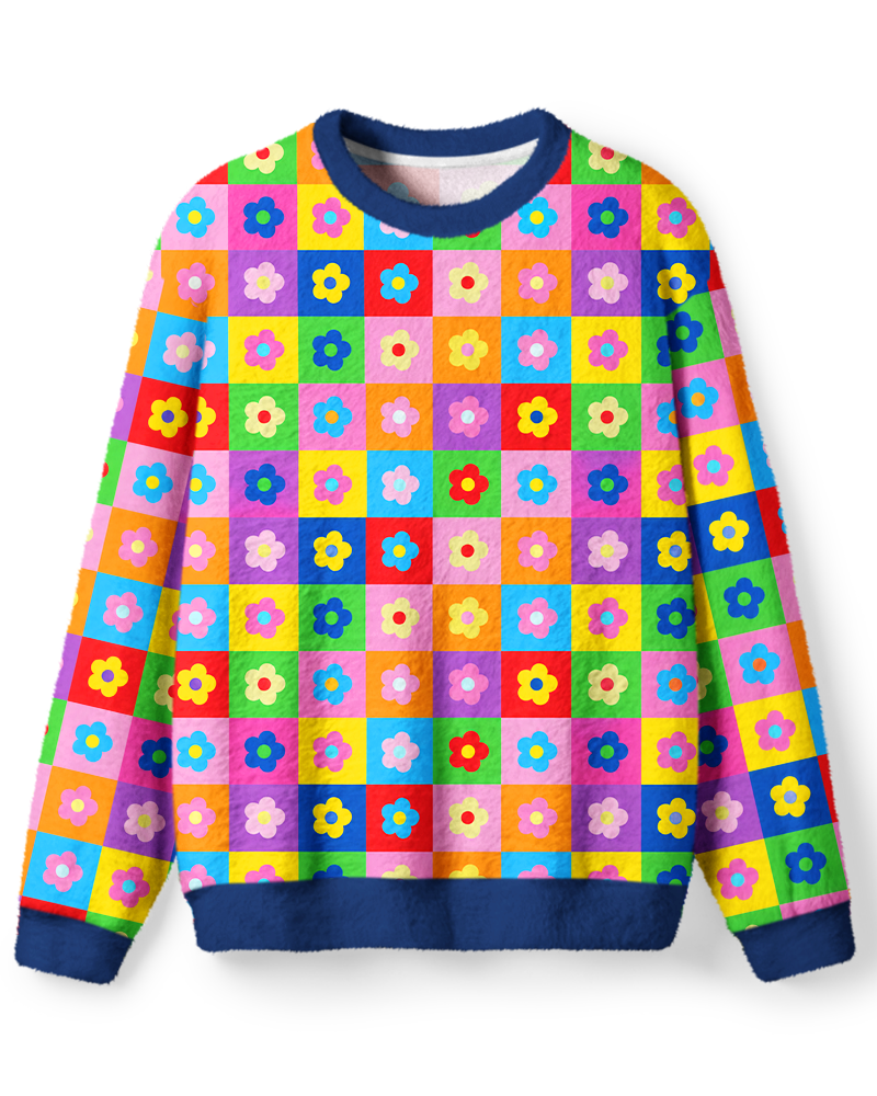 Vintage 1970s Rainbow Daisy Check Sweater image 1