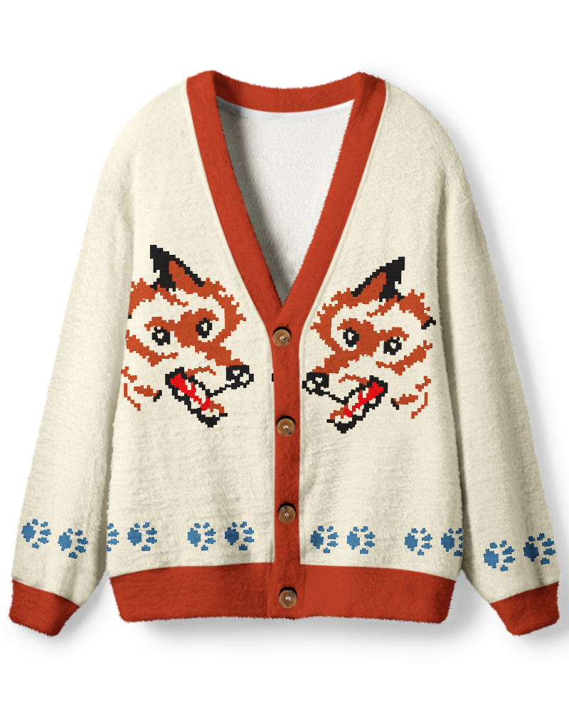 Vintage 1970s Cream Orange Fox Folk Unisex Cardigan Sweater image 1