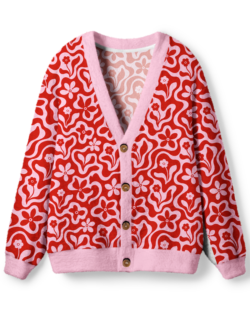 Vintage 1970s Red Mod Floral Swirl Unisex Cardigan Sweater image 1
