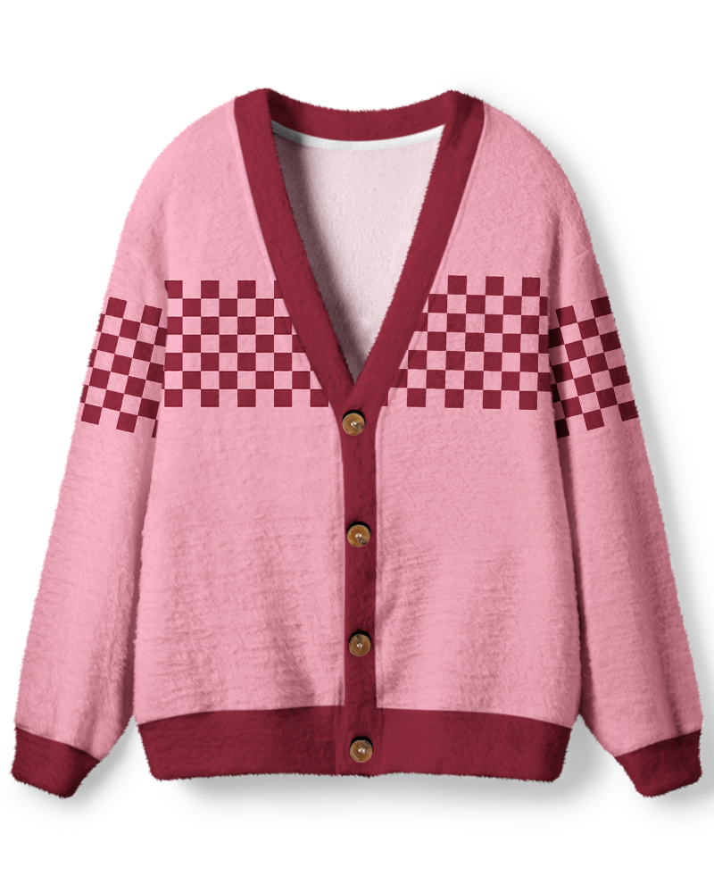 Vintage 1970s Rose Pink Checker Stripe Unisex Cardigan Sweater image 1