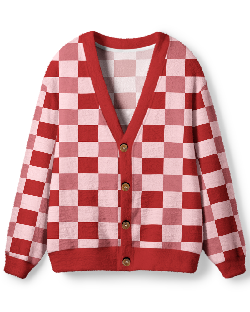 Vintage 1970s Strawberry Pink Checkerboard Unisex Cardigan Sweater image 1
