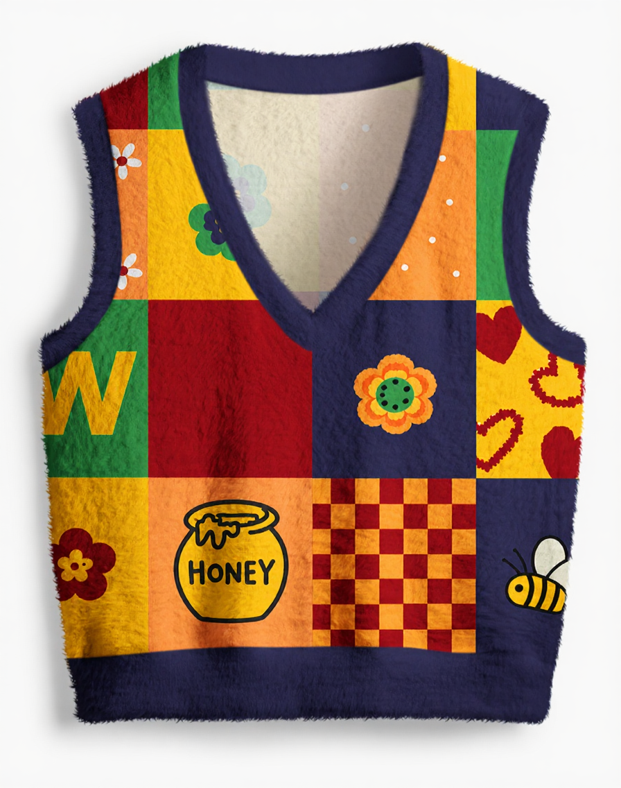 Vintage 1970s Honey Bee Patchwork V-Neck Sweater Vest image 1