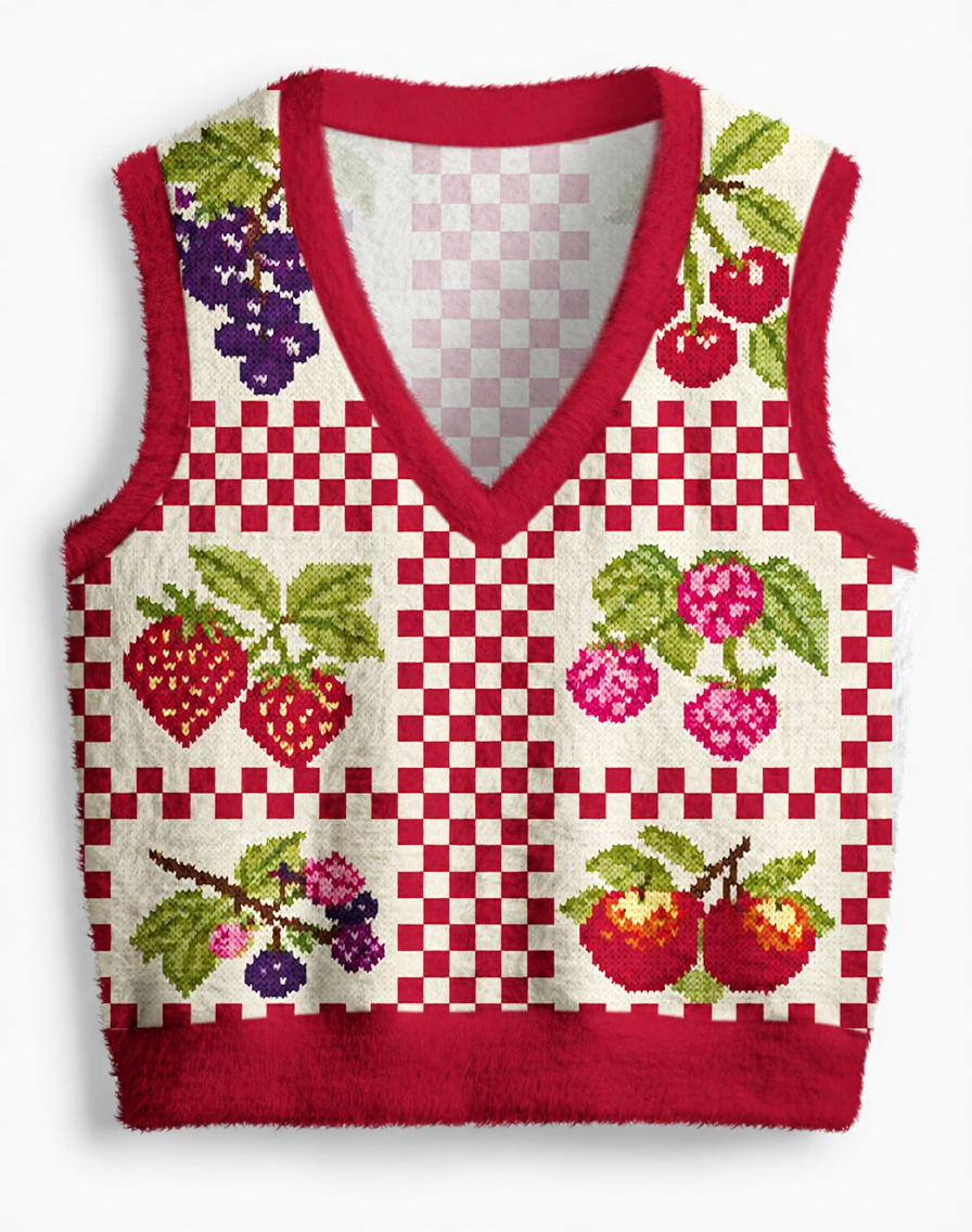 Vintage 1970s Orchard Patchwork Fruit V-Neck Sweater Vest image 1
