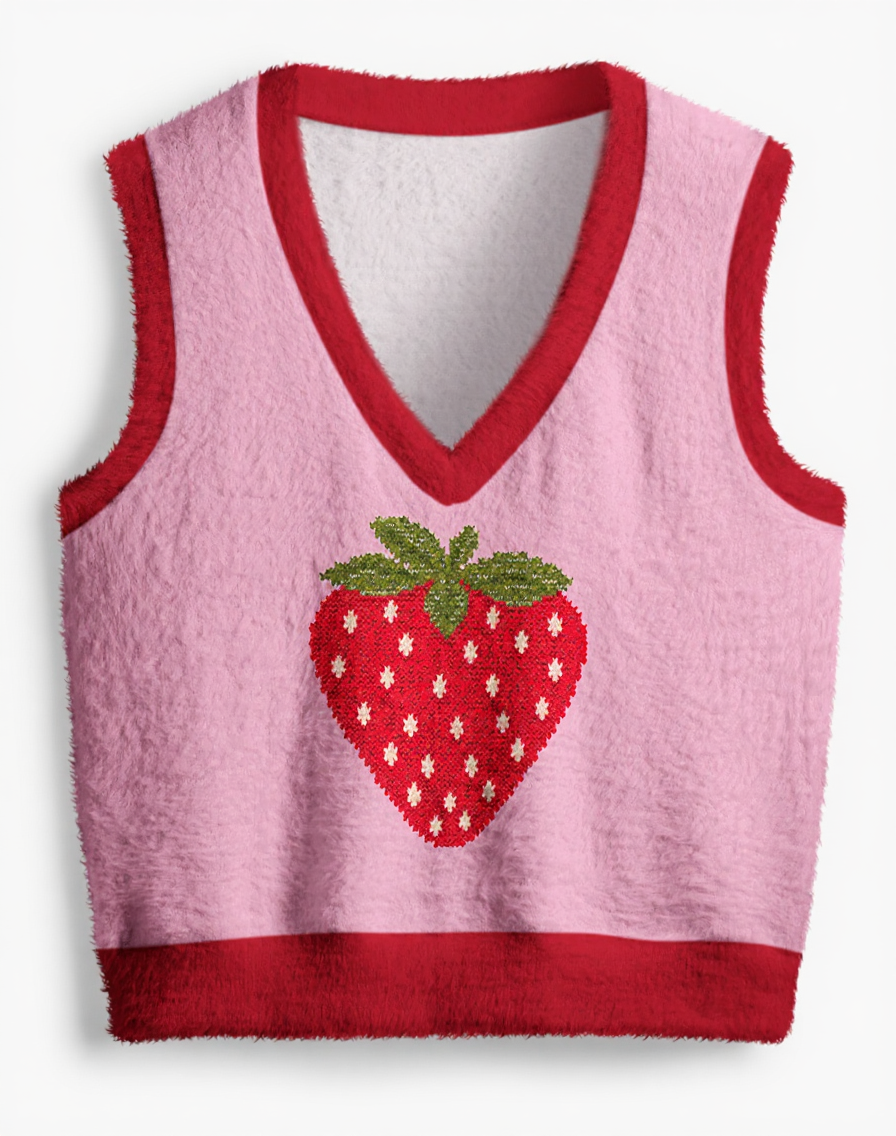 Vintage 1970s Blush Strawberry Motif V-Neck Sweater Vest image 1