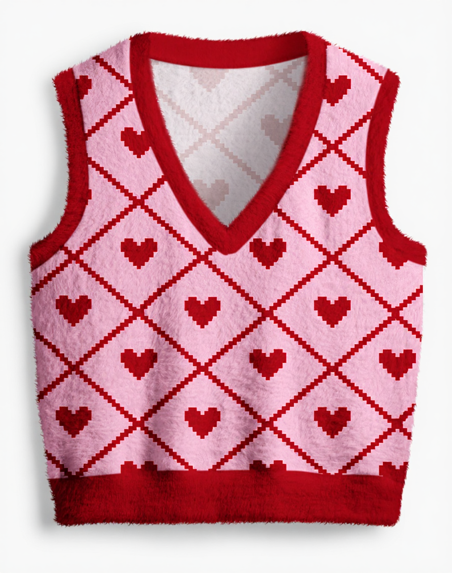 Vintage 1970s Bubblegum Heart Lattice V-Neck Sweater Vest image 1