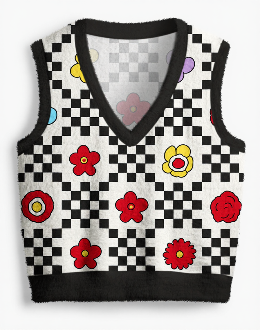 Vintage 1960s Mod Checker Bloom V-Neck Sweater Vest image 1