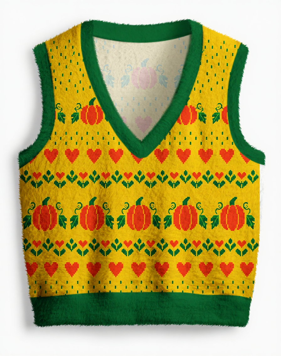 Vintage 1970s Golden Harvest Pumpkin Heart V-Neck Sweater Vest image 1