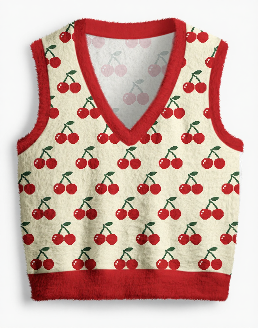 Vintage 1970s Cream Cherry Picnic V-Neck Sweater Vest image 1