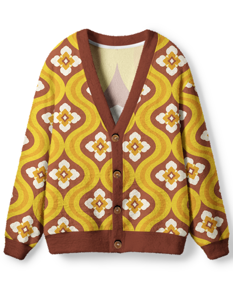 Vintage 1970s Mustard Mod Bloom Unisex Cardigan Sweater image 1