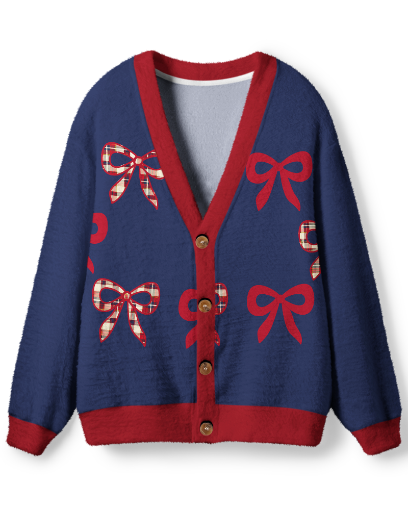 Vintage 1980s Navy Red Ribbon Bow Unisex Cardigan Sweater image 1