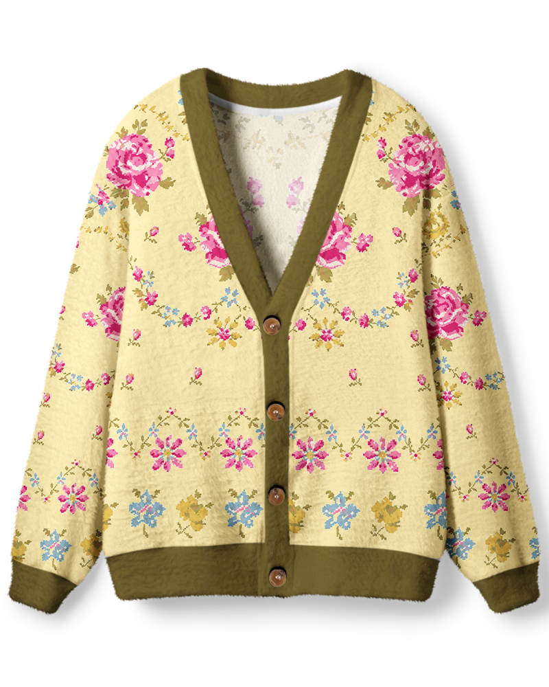 Vintage 1970s Buttercream Rose Garden Unisex Cardigan Sweater image 1