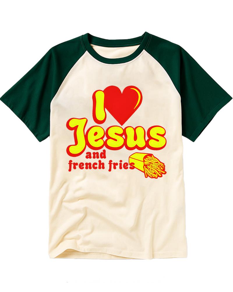 I Heart Jesus And French Fries Vintage Graphic Raglan Baseball T-Shirt image 1