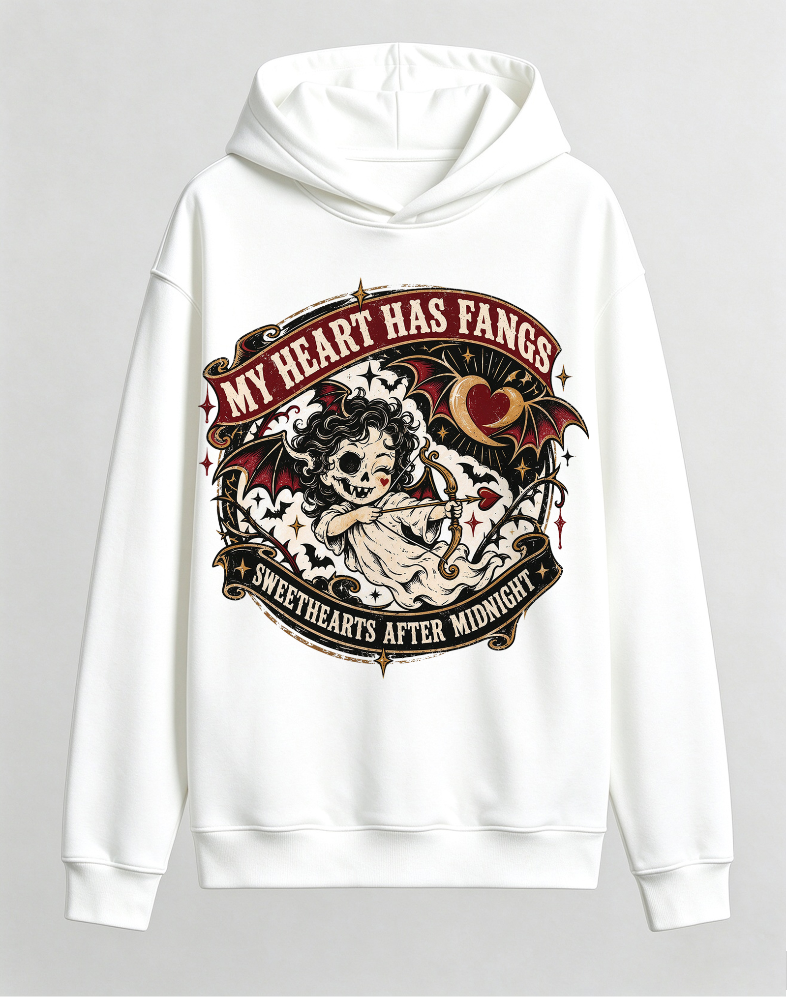 Retro Gothic Cupid Vampire Hoodie, My Heart Has Fangs Dark Romance Halloween Front Print Hooded Sweatshirt