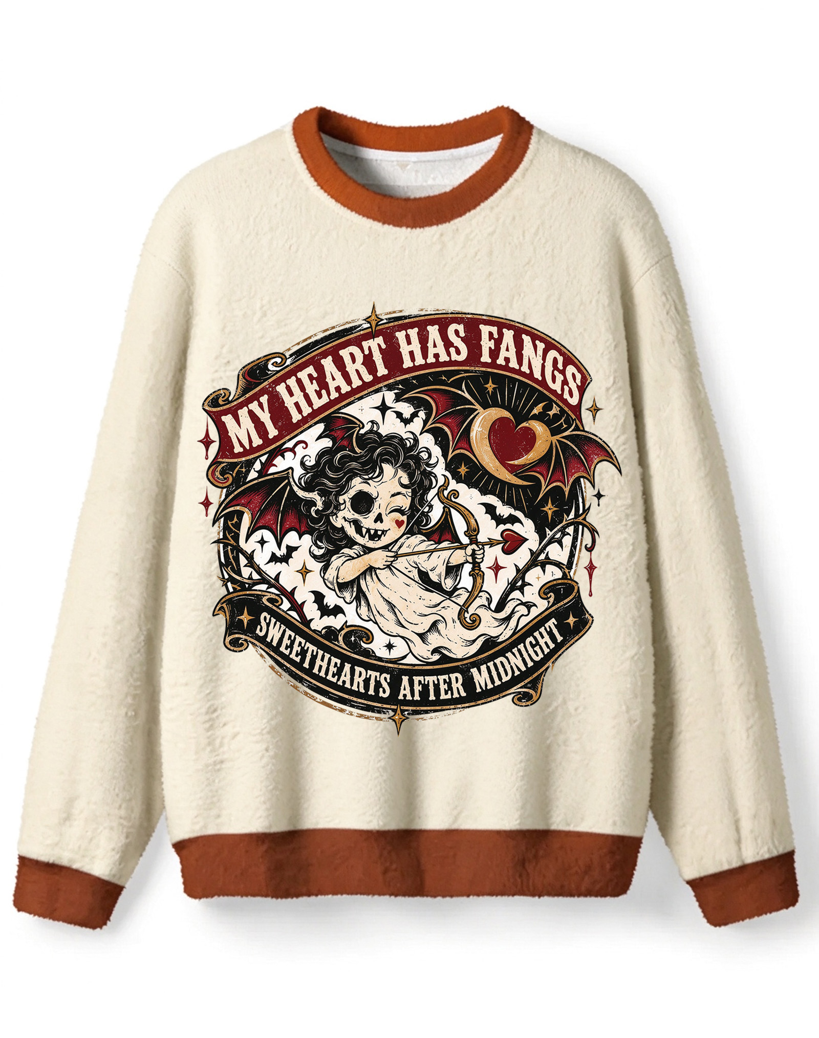 Spooky Gothic Devil Cherub Halloween Sweater, My Heart Has Fangs Retro Graphic Knit Top