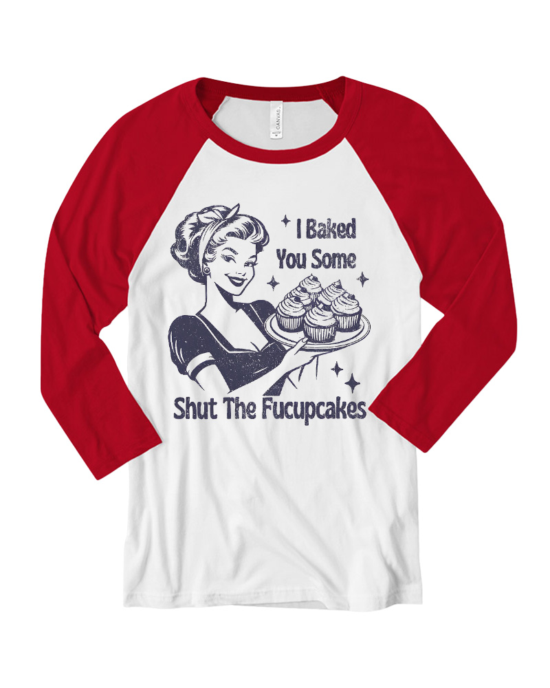 1950s Shut The Fucupcakes Long Sleeve Raglan T-Shirt image 2