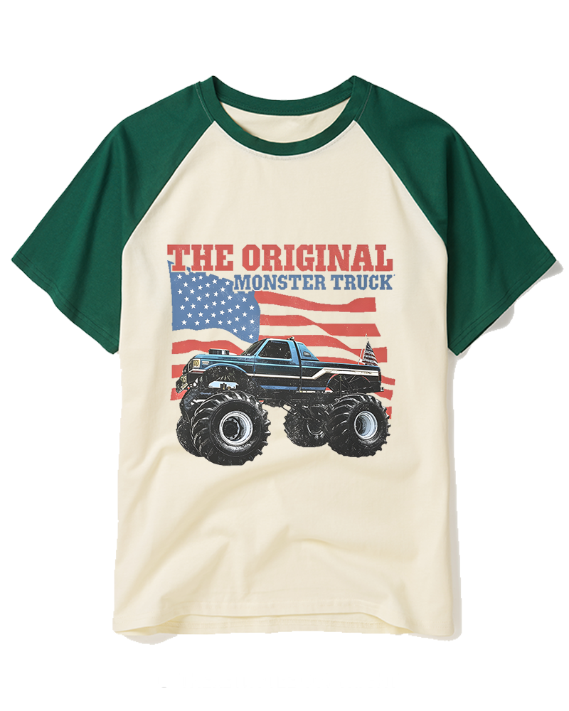 Monster Truck Flag Bigfoot 1970s Raglan Baseball T-Shirt image 2