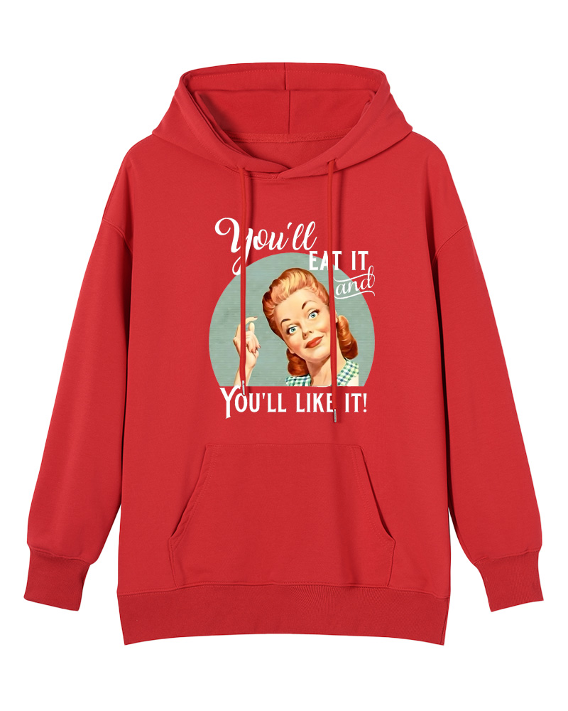 You'll Eat It And Like It Witty Graphic 1950s Cotton Pin-up Hoodie image 2