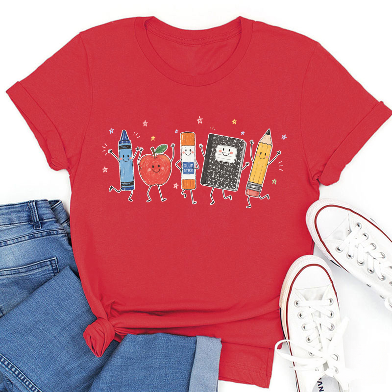 Cute Anthropomorphic School Supplies Teacher T-Shirt image 2