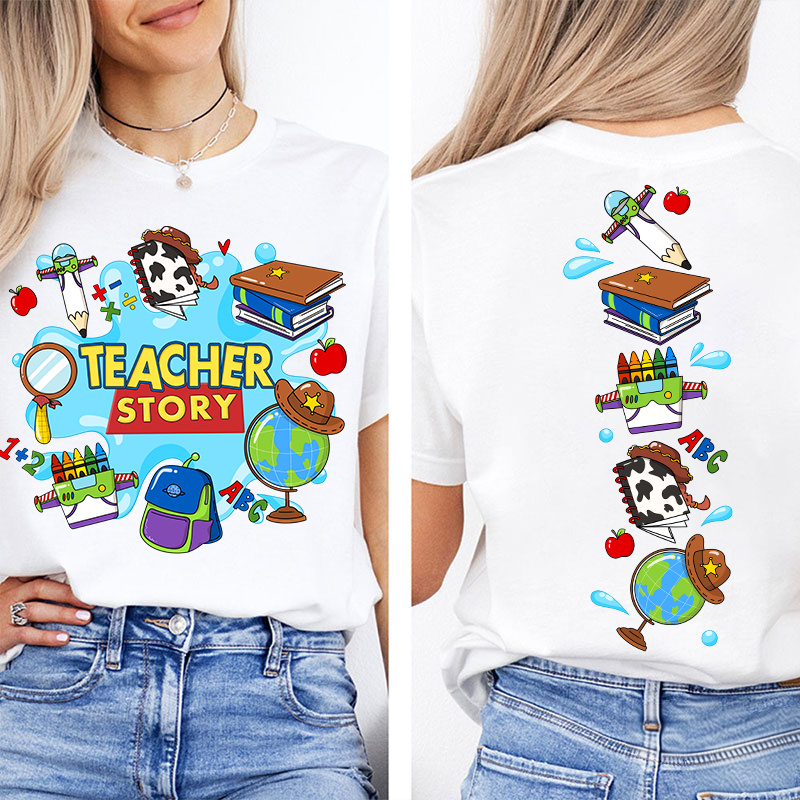 Teacher Story Cute School Stuff Icons Teacher Two Sided T-Shirt image 2