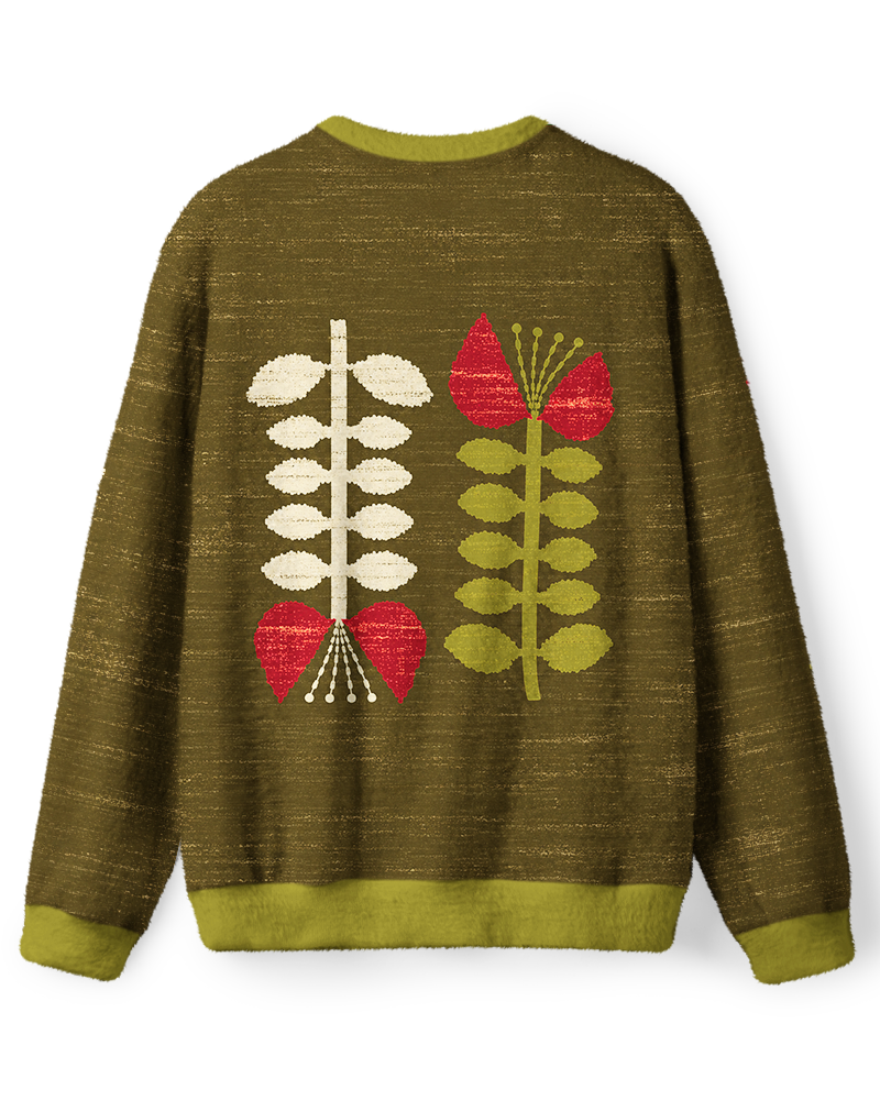 Vintage 1970s Olive Red Botanical Folk Sweater image 2