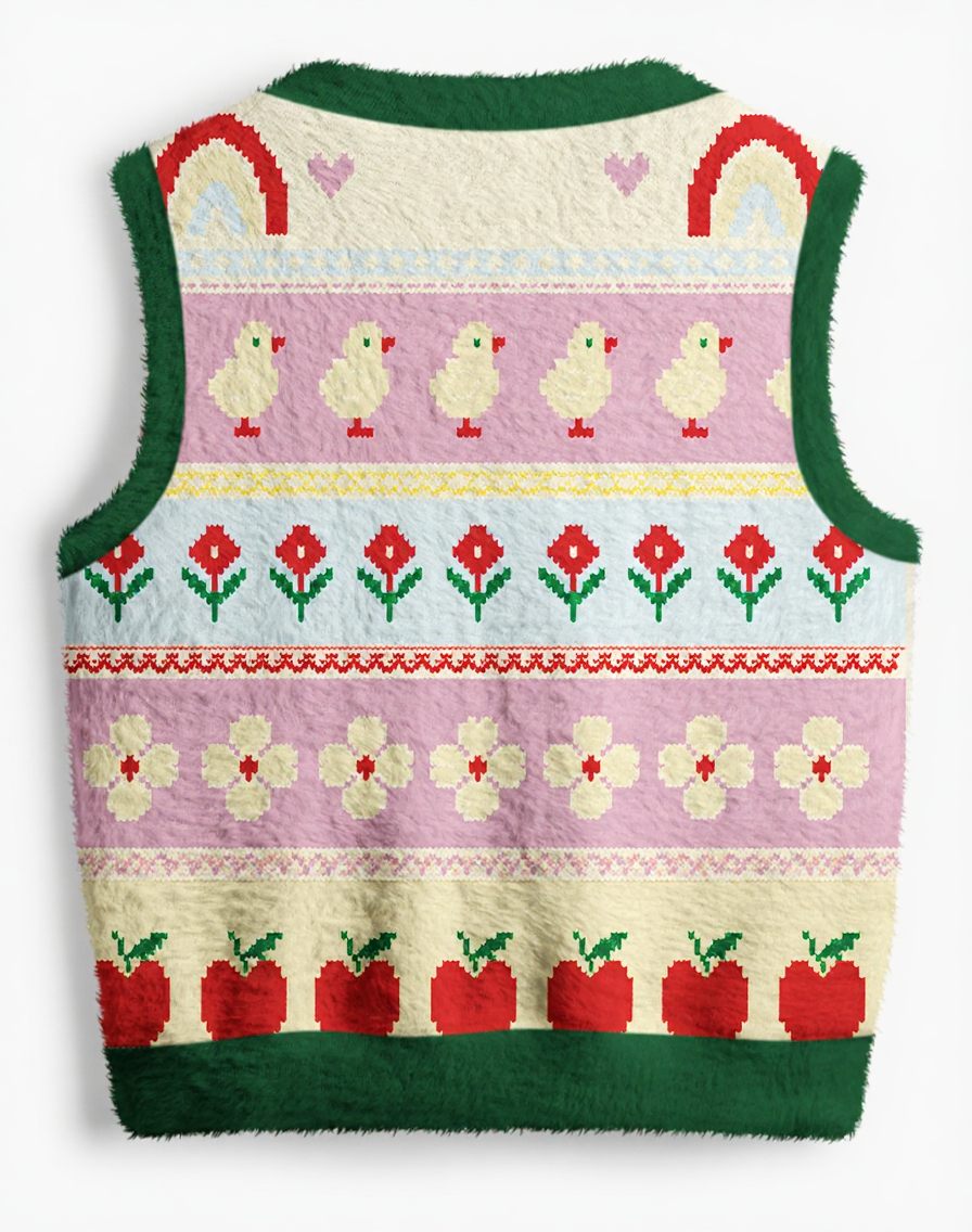 Vintage 1970s Pastel Farm Garden Fair Isle V-Neck Sweater Vest image 2