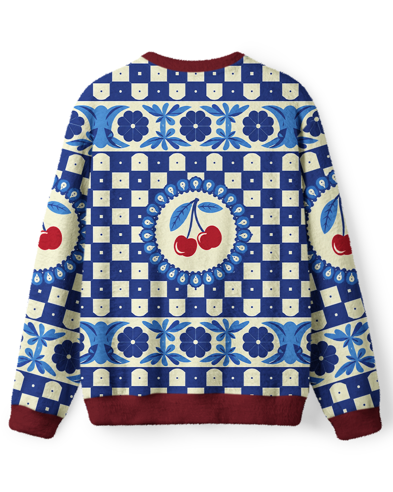 Vintage 1970s Delft Blue Cherry Folk Tile Sweater image 2