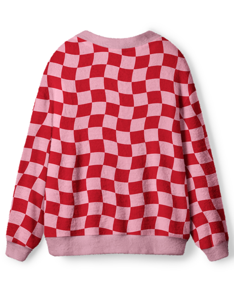 Vintage 1970s Wavy Pink Checkerboard Unisex Cardigan Sweater image 2