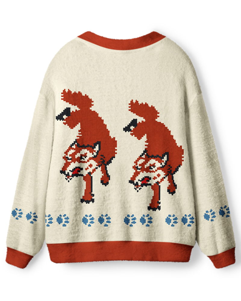 Vintage 1970s Cream Orange Fox Folk Unisex Cardigan Sweater image 2