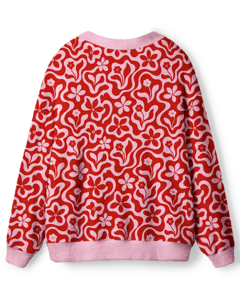 Vintage 1970s Red Mod Floral Swirl Unisex Cardigan Sweater image 2