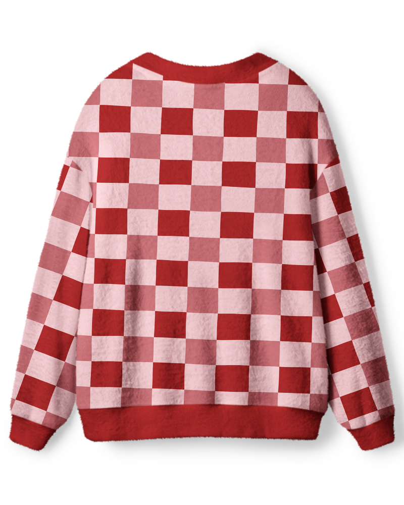 Vintage 1970s Strawberry Pink Checkerboard Unisex Cardigan Sweater image 2