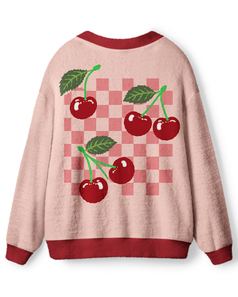 Vintage 1970s Blush Cherry Picnic Unisex Cardigan Sweater image 2