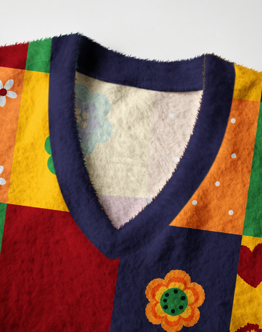 Vintage 1970s Honey Bee Patchwork V-Neck Sweater Vest image 2